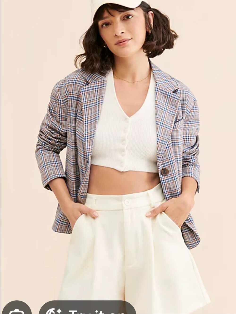We The Free Brown and Blue Plaid Single-Breasted Blazer